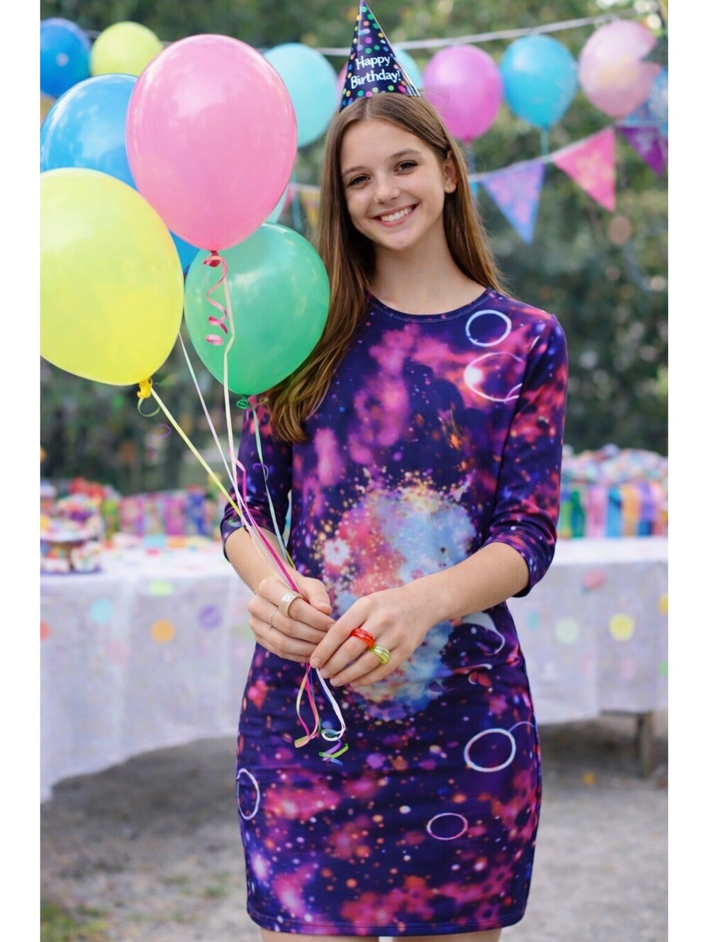 Galaxy Print Long Sleeve Dress | Cosmic Space Pattern | Teen / Women Size M